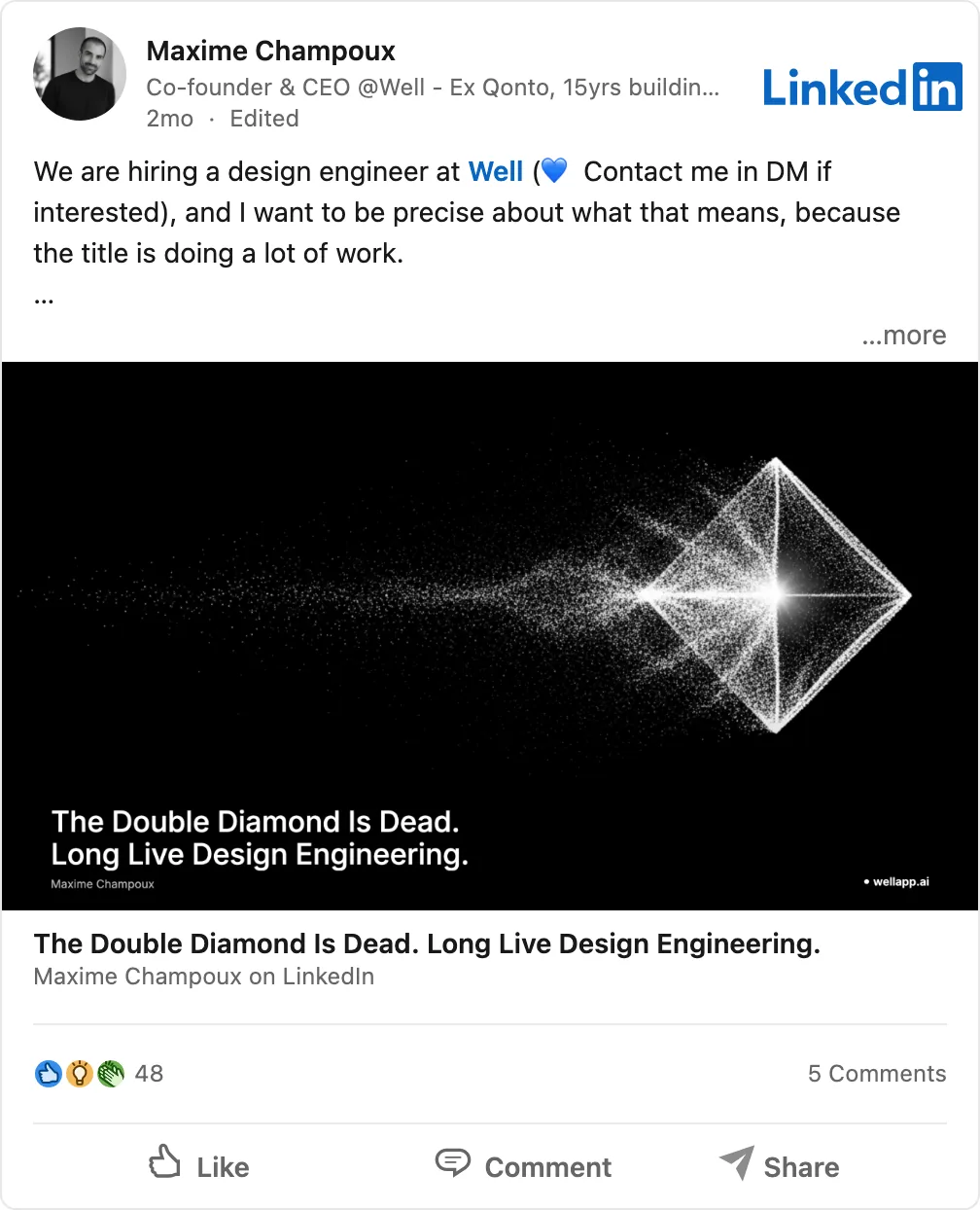 LinkedIn post: The Double Diamond Is Dead. Long Live Design Engineering.