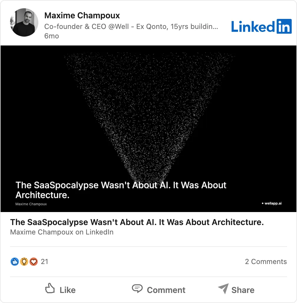 LinkedIn post: The SaaSpocalypse Wasn't About AI. It Was About Architecture.