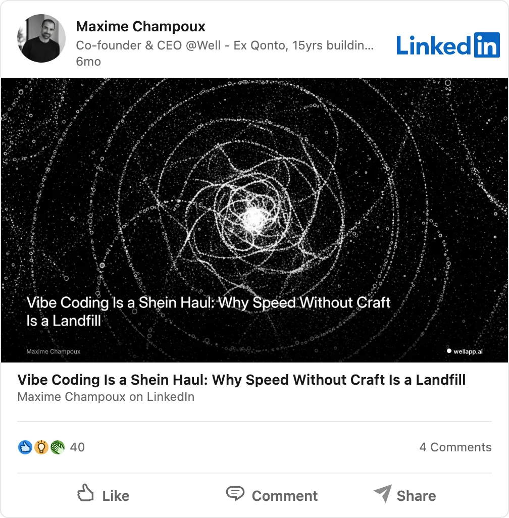 LinkedIn post: Vibe Coding Is a Shein Haul: Why Speed Without Craft Is a Landfill
