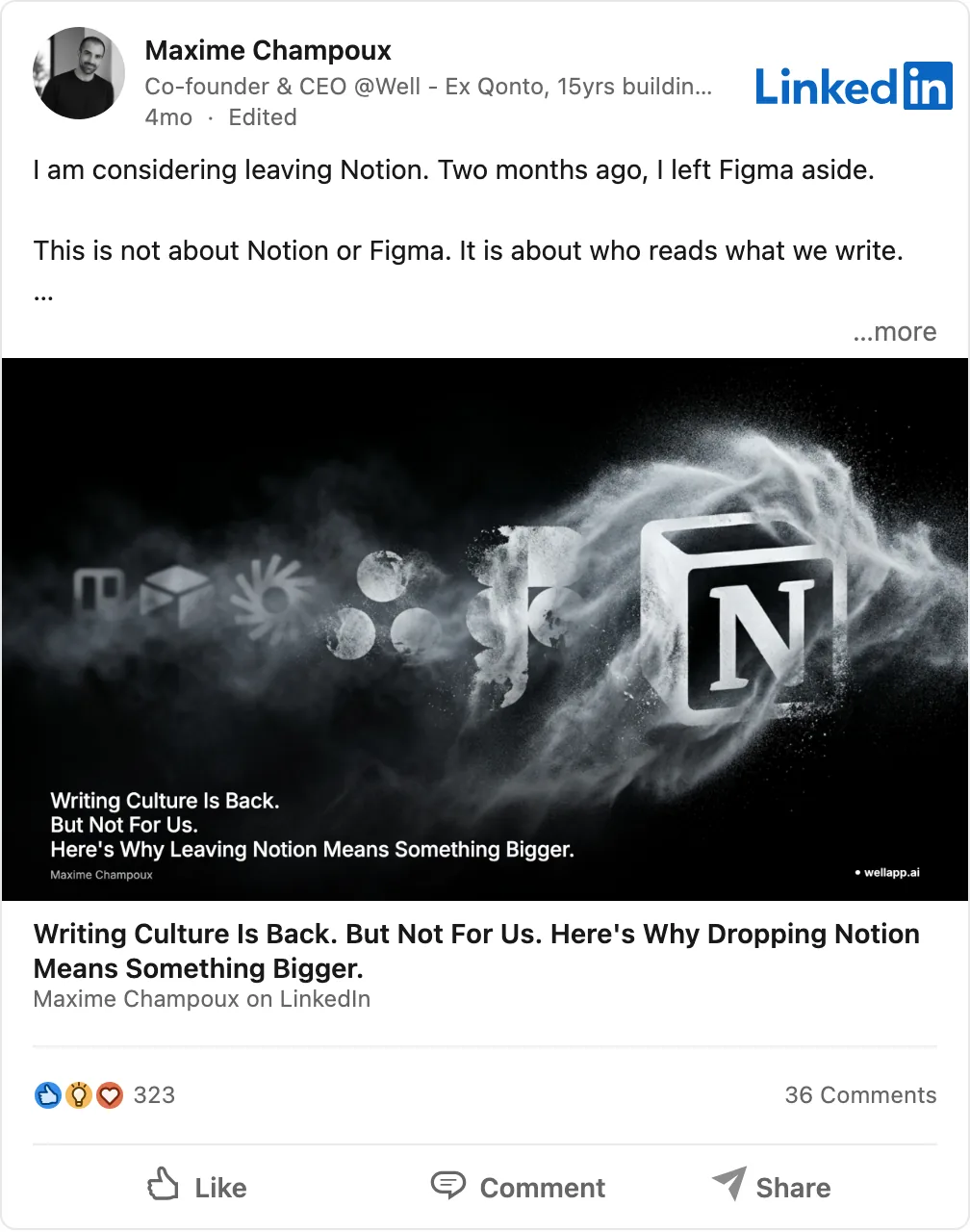 LinkedIn post: Writing Culture Is Back. But Not For Us. Here's Why Dropping Notion Means Something Bigger.