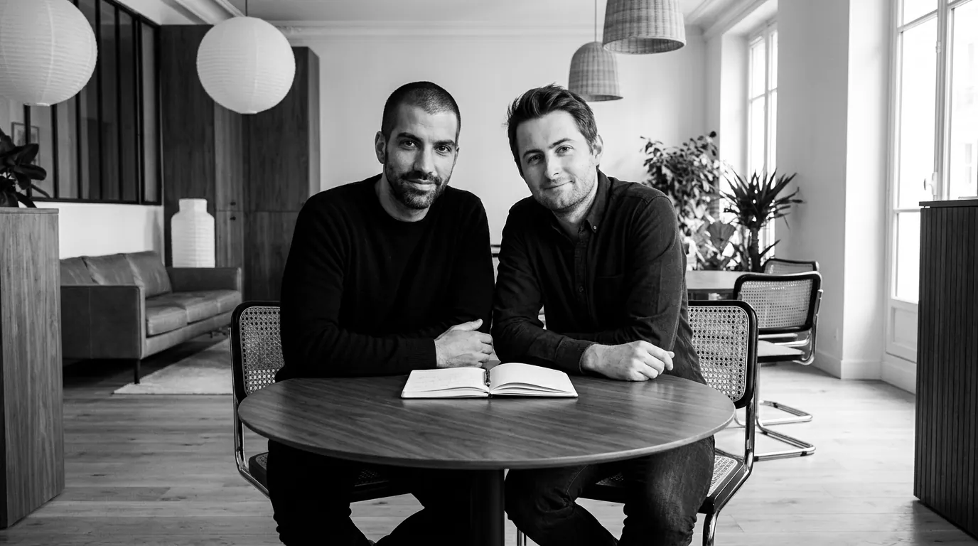 Maxime Champoux and Bastien Blanc, office, meeting table