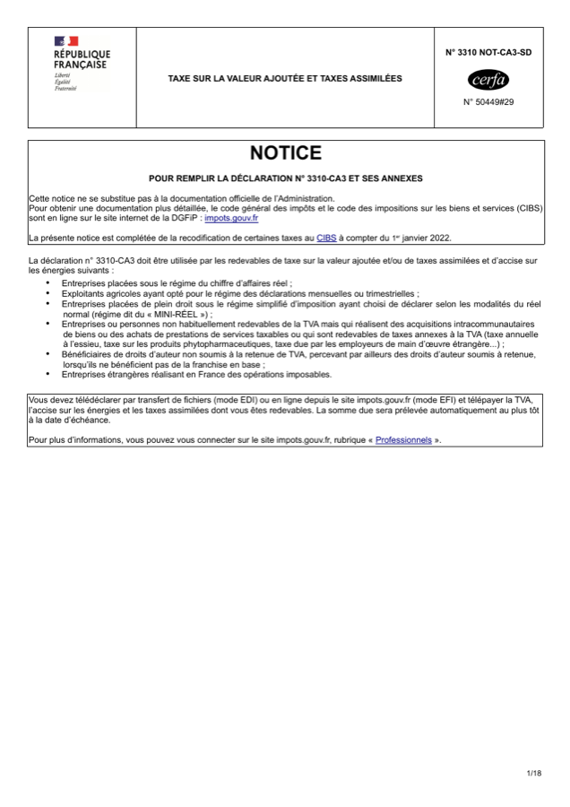 3310-CA3-SD, Première page telle que publiée par l'autorité