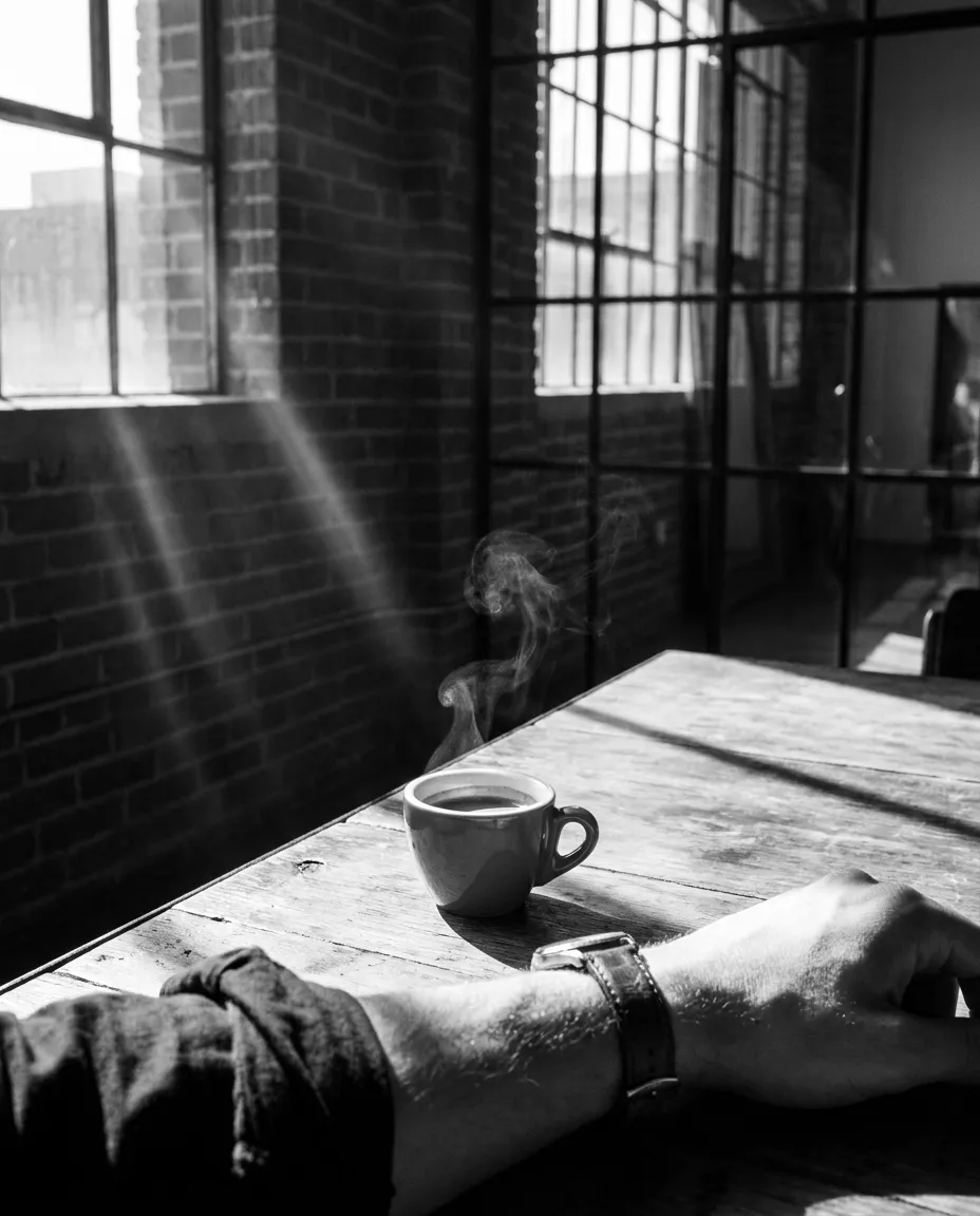 Tasse d'espresso sur une table en bois, vapeur dans la lumière, San Francisco, Ven 25 sept. 2026