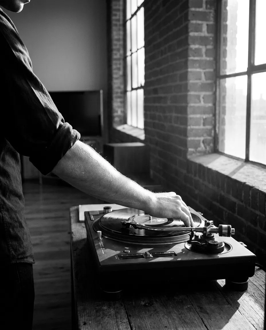 Platine du loft, bras posé sur un disque, San Francisco, Ven 25 sept. 2026