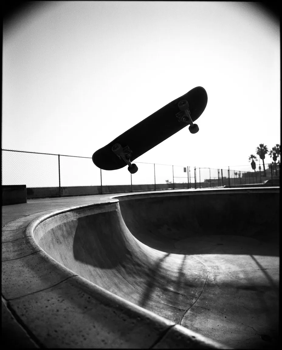 Skate en l'air au-dessus du bowl, en silhouette, Santa Monica, Mar 29 sept. 2026