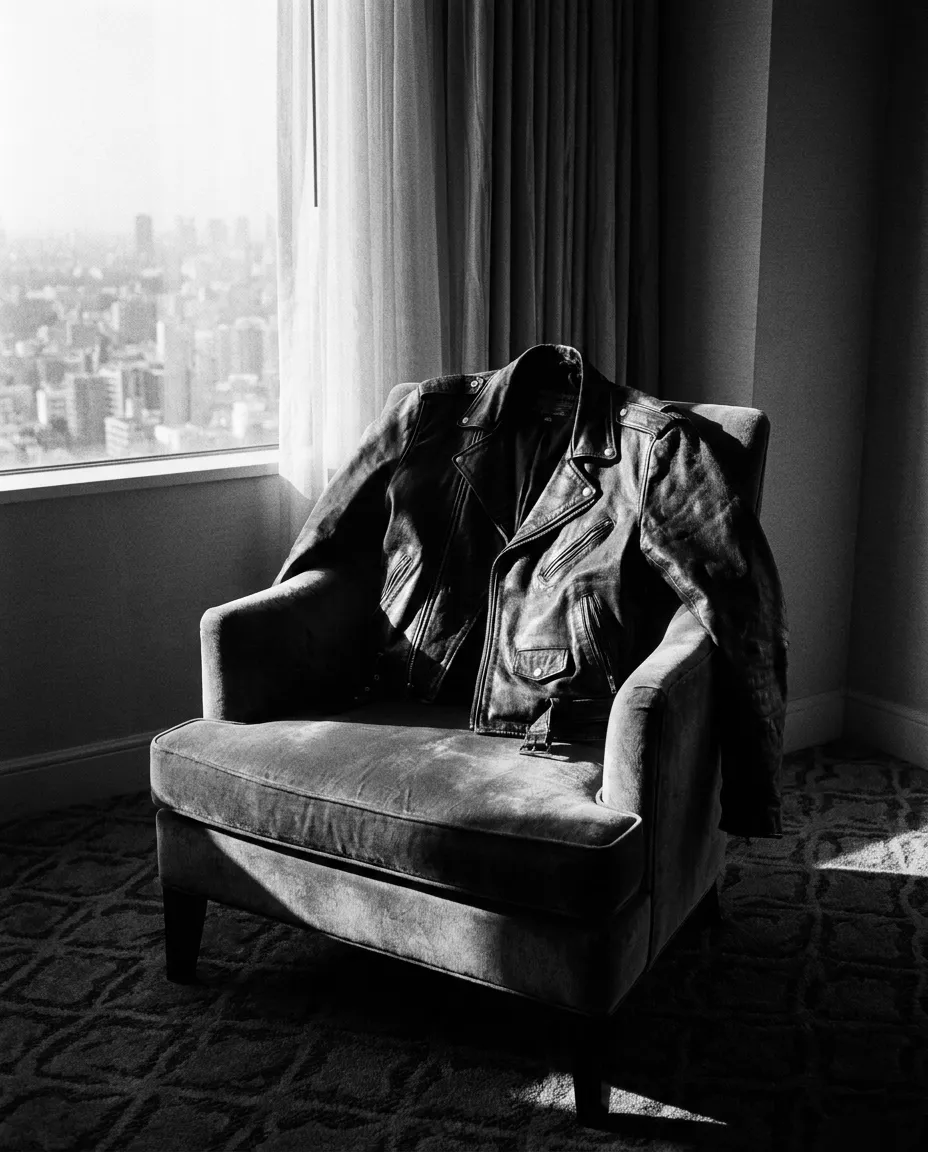 Veste en cuir jetée sur une chaise de la suite, Los Angeles, Mer 30 sept. 2026
