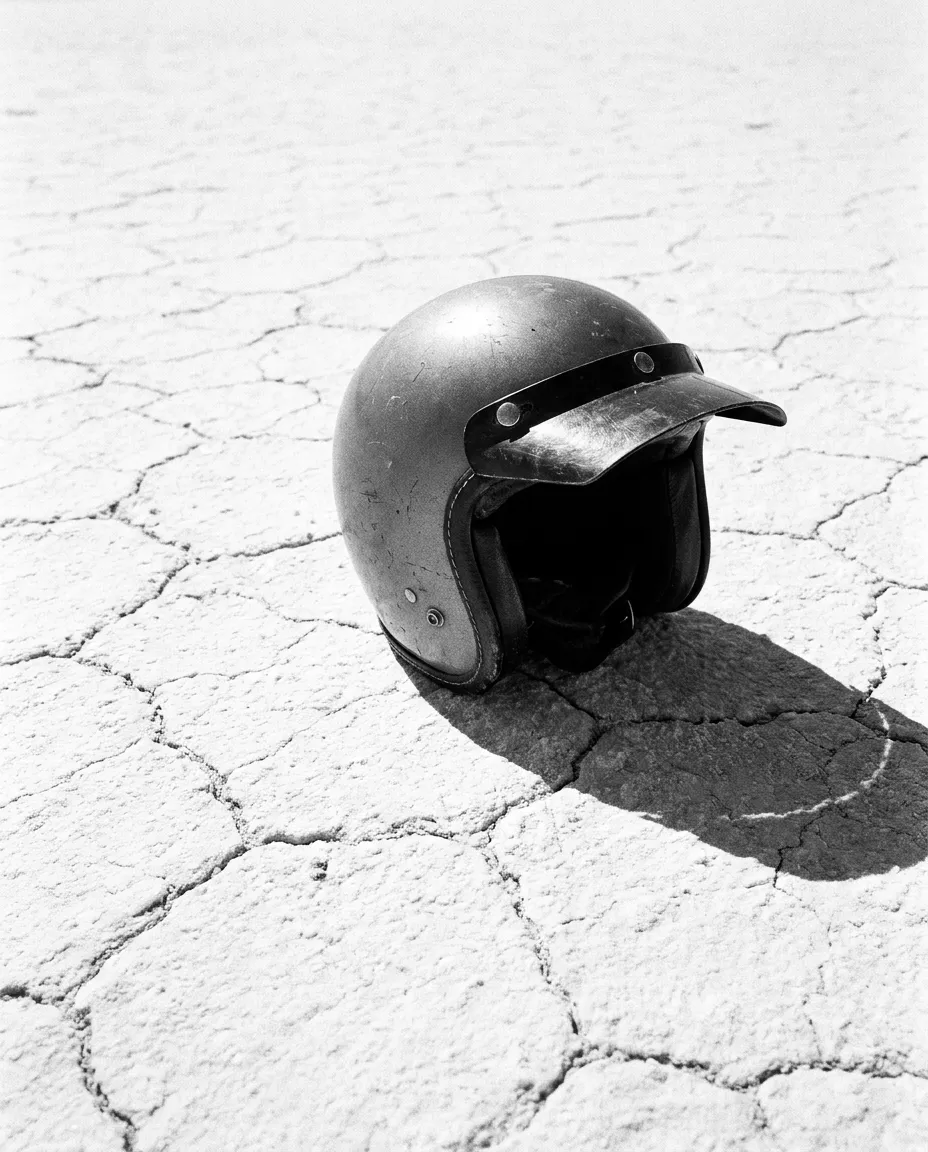 Casque de moto posé sur le sel, Death Valley, Sam 3 oct. 2026