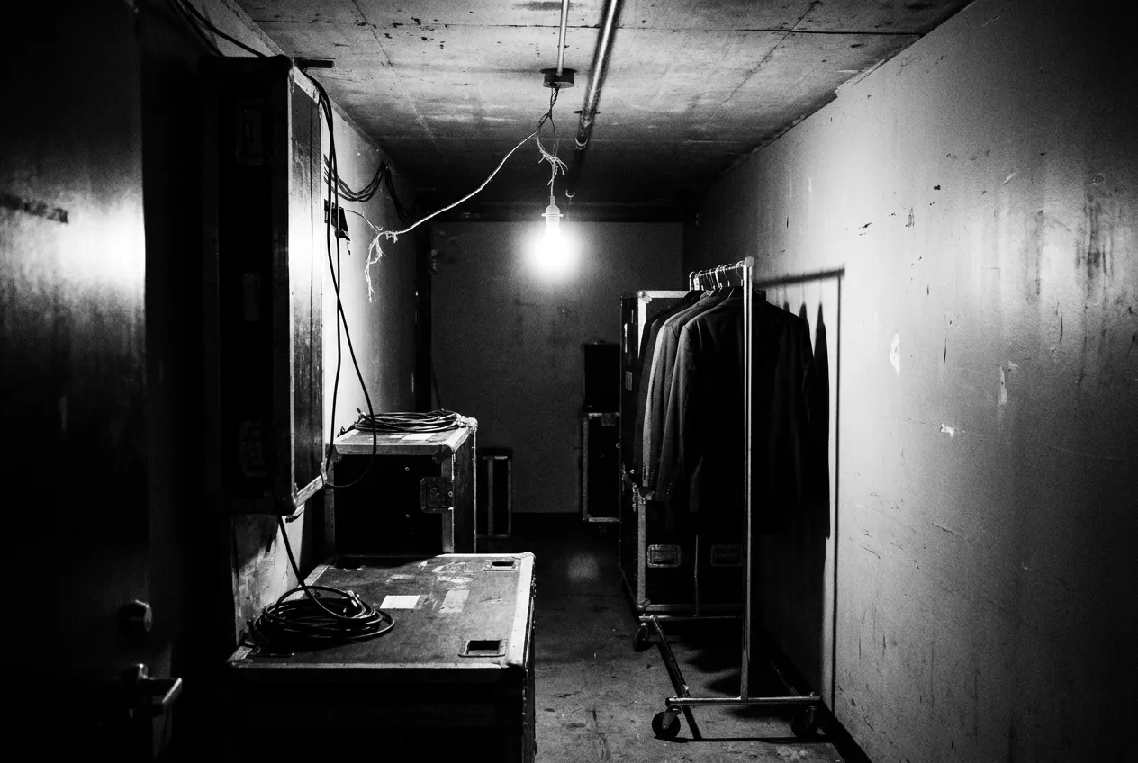 Couloir de backstage éclairé par une ampoule nue, Las Vegas, Dim 4 oct. 2026
