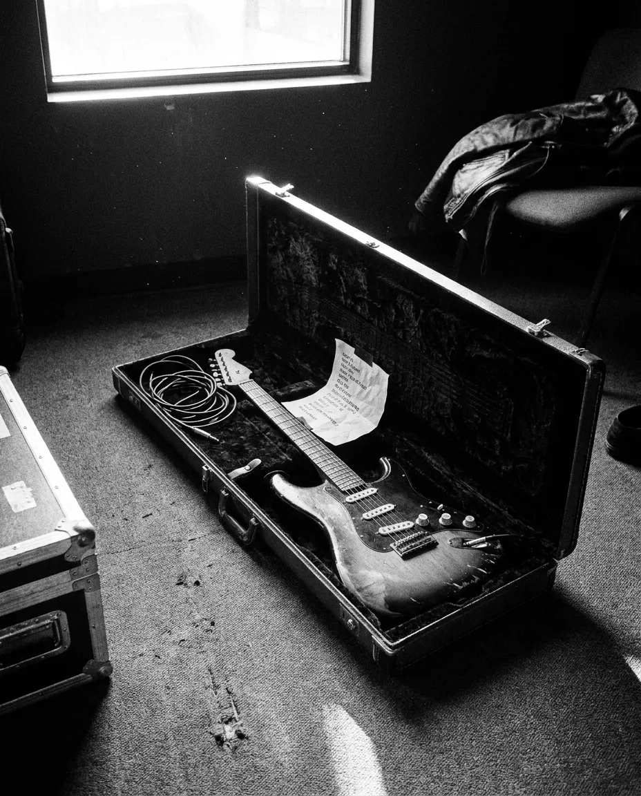 Guitare dans son étui ouvert, loge du show, Las Vegas, Dim 4 oct. 2026