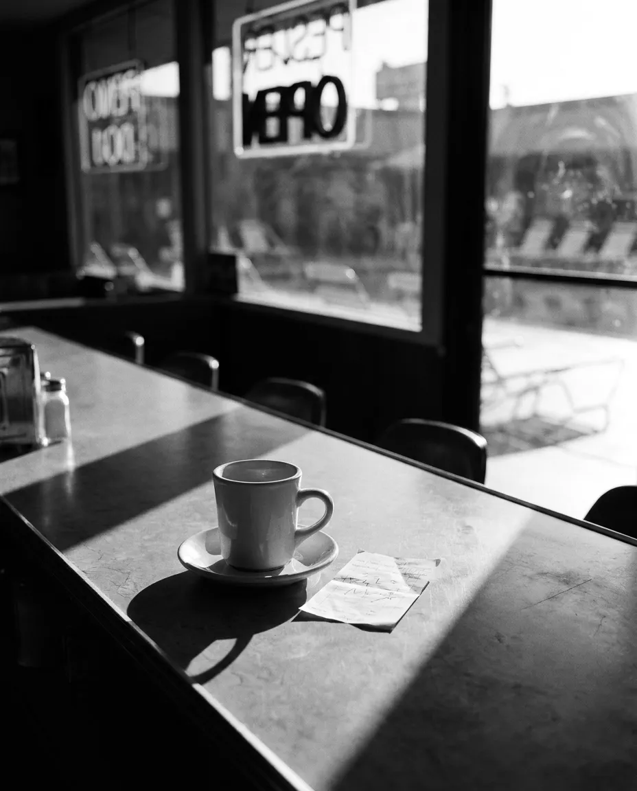 Tasse de café et addition sur le comptoir du diner, Las Vegas, Dim 4 oct. 2026
