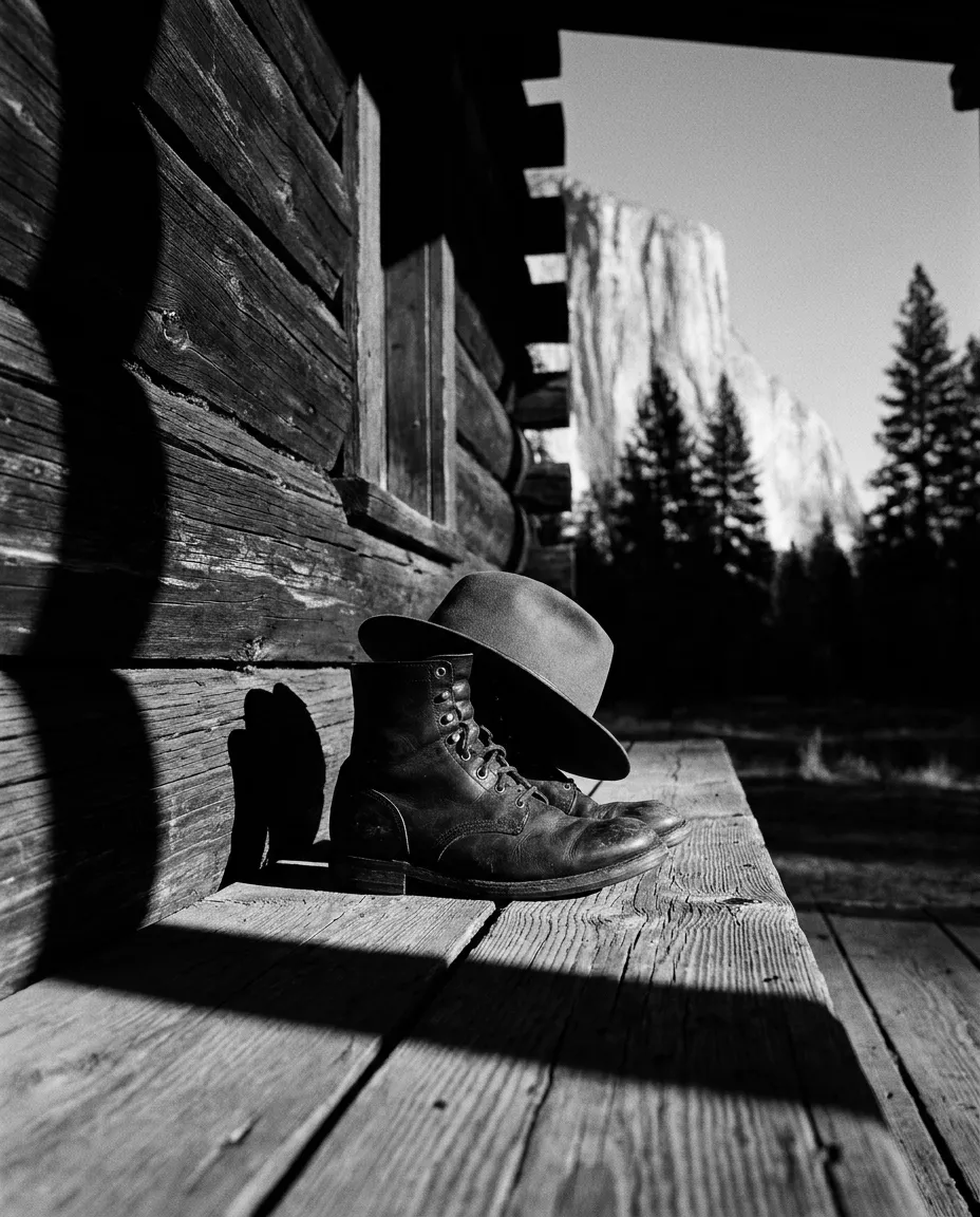 Bottes et chapeau sur le porche de la cabane, Yosemite, Lun 5 oct. 2026