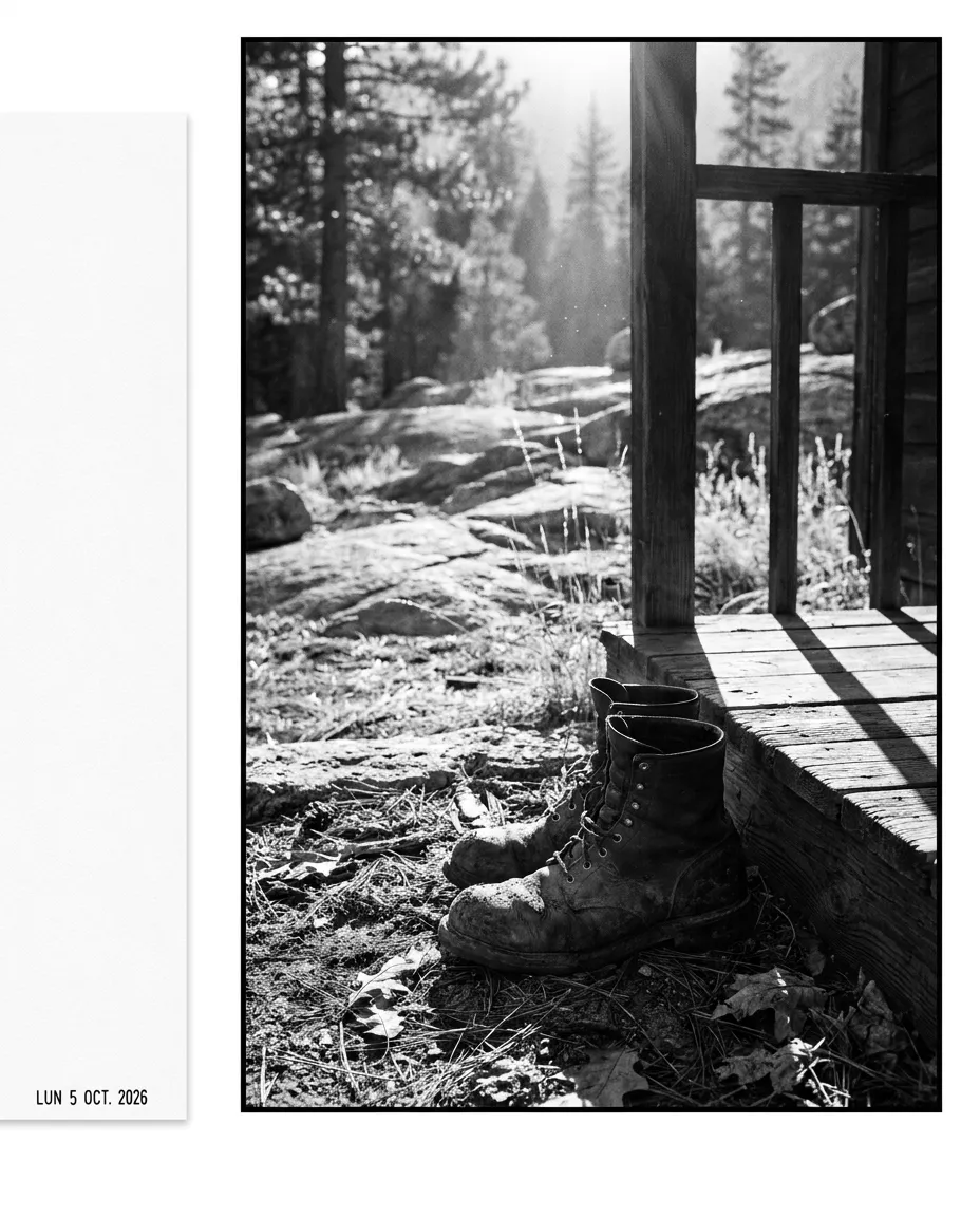 Bottes boueuses sur le porche de la cabane, Yosemite, Lun 5 oct. 2026