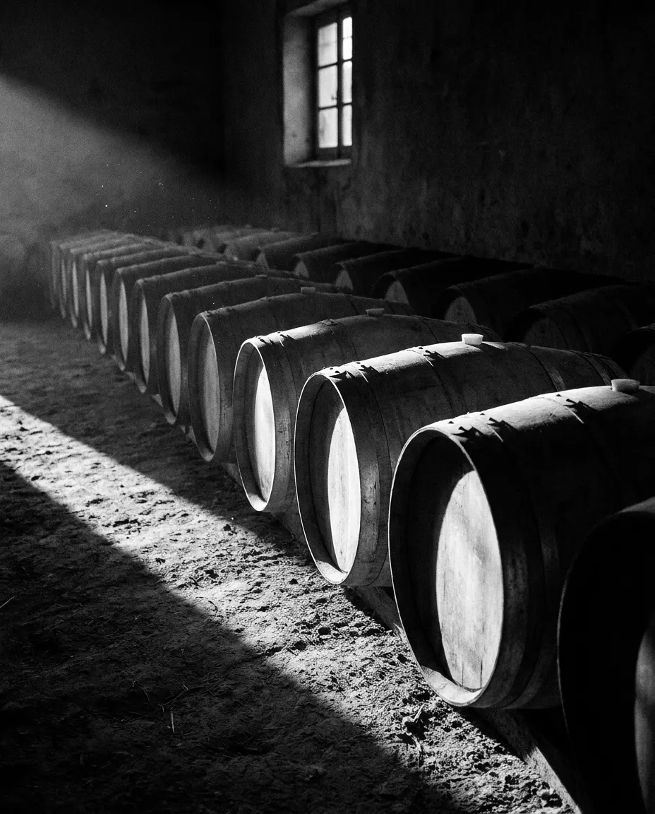 Rangée de barriques dans la pénombre, Napa Valley, Mar 6 oct. 2026