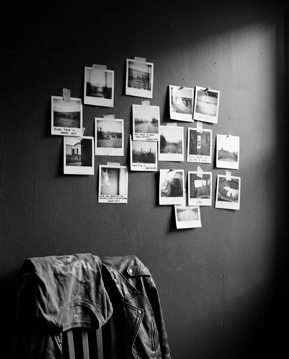 Mur de polaroids du voyage, visages hors champ, San Francisco, Mer 7 oct. 2026