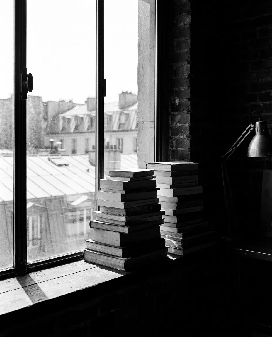 Pile de livres sur le rebord de la fenêtre, Le bureau, Mar 11 août 2026