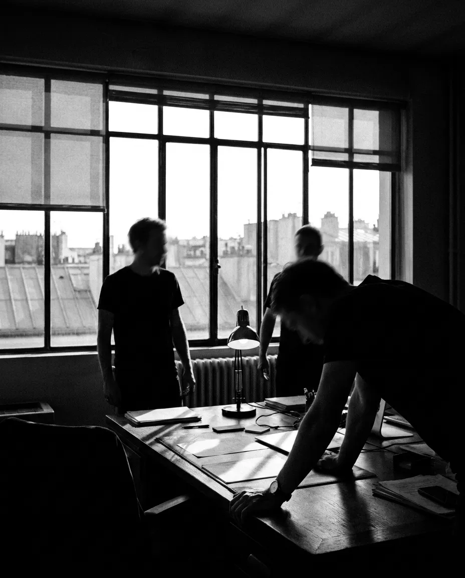 Deux silhouettes à contre-jour devant la grande fenêtre, Le bureau, Mar 11 août 2026