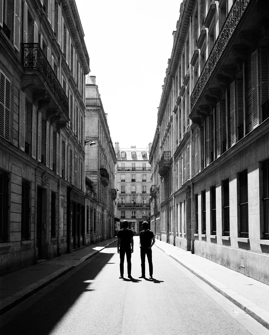 Deux silhouettes au bout de la rue de Rome vide, Quartier de l'Europe, Mer 12 août 2026